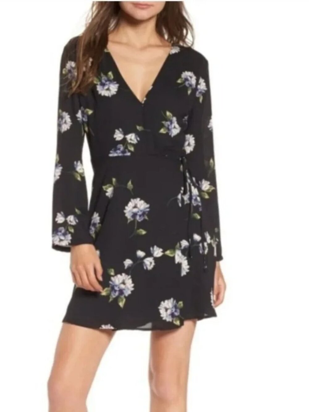 Nordstrom's LUSH Long Sleeve Black Floral Print Mini Wrap Dress, Size Medium
